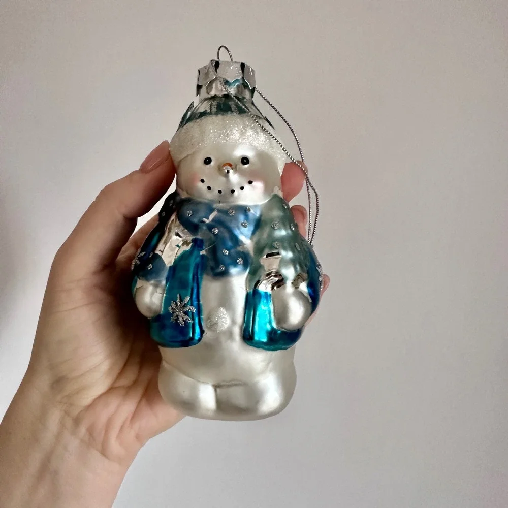 Blue and Silver Glass‎ Snowman Christmas Ornament Glitter Snowflake Winter Decor